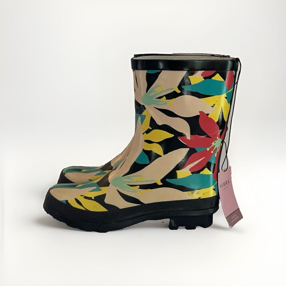 Serra Women's Floral Rubber Rain Mud Boots Size 9 Step In 9.5” High Mid Calf